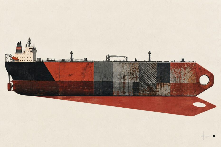 Editorial illustration of a weathered VLCC merging into a giant price tag, symbolising the sharp repricing of secondhand tonnage