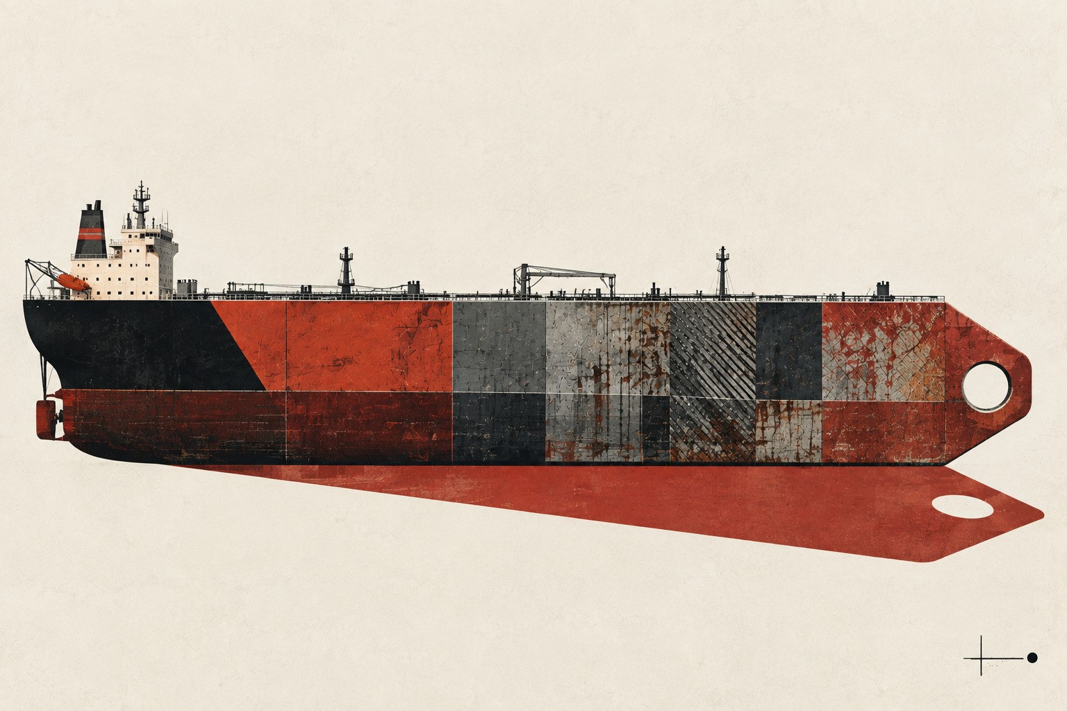 Editorial illustration of a weathered VLCC merging into a giant price tag, symbolising the sharp repricing of secondhand tonnage