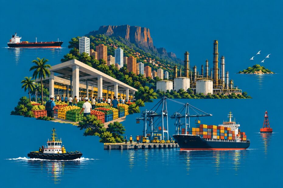Editorial illustration of Venezuela’s emerging Atlantic maritime economy, combining port infrastructure, merchant shipping, oil facilities, urban activity and trade