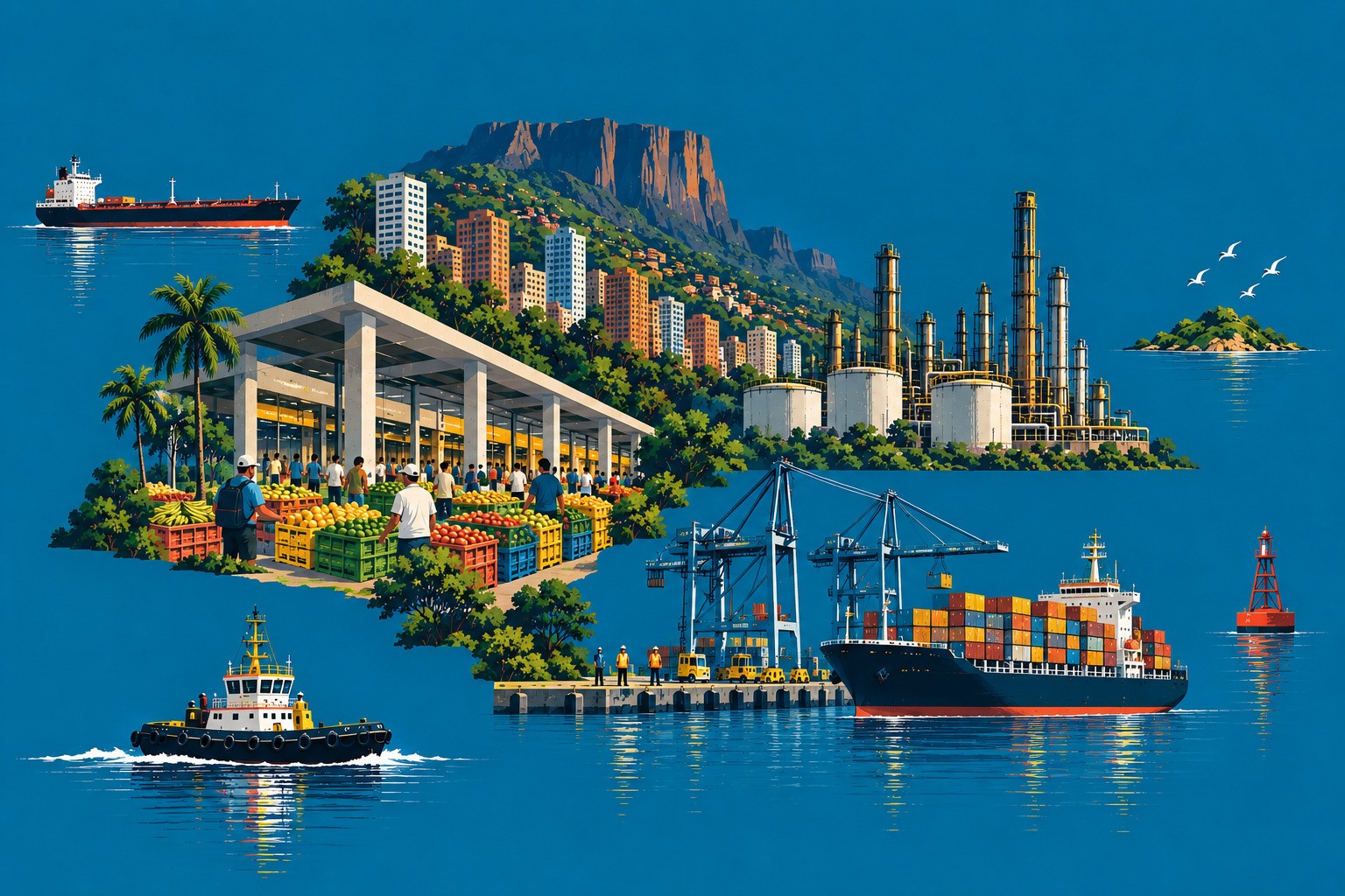 Editorial illustration of Venezuela’s emerging Atlantic maritime economy, combining port infrastructure, merchant shipping, oil facilities, urban activity and trade