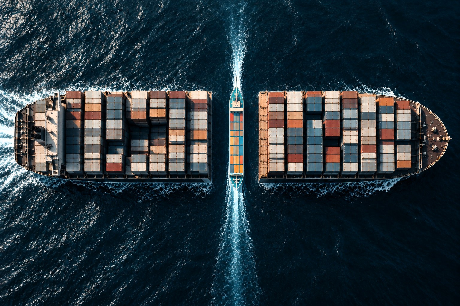 Illustrated containership passes through an impossible gap in a larger vessel, symbolising Suez capacity gains and container freight pressure