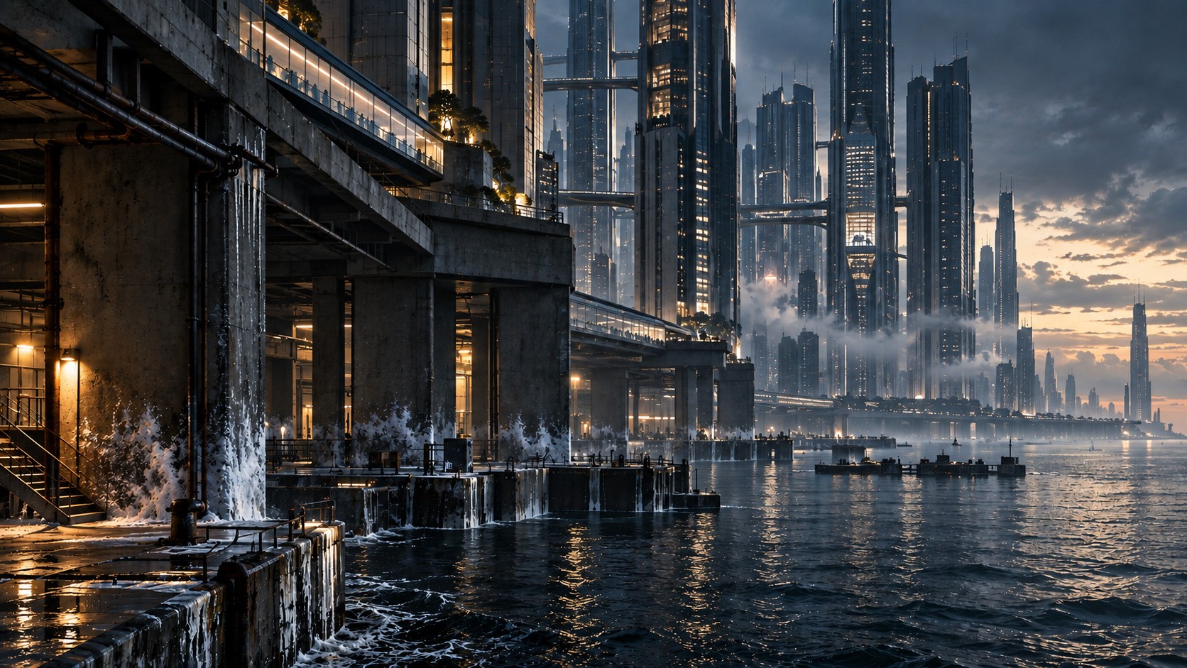 Futuristic Nexara towers rise above seawater reaching the city’s lower maintenance platforms and salt-stained structural foundations