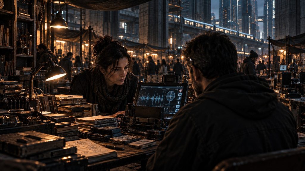 Nyx Argyros examines neural waveform anomalies across a table of notebooks and memory equipment in Nexara’s analog market