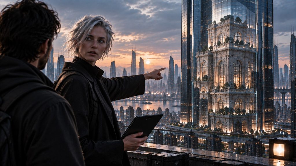 Mira Quell reveals an altered architectural overlay transforming a modern Nexara tower into an impossible older version