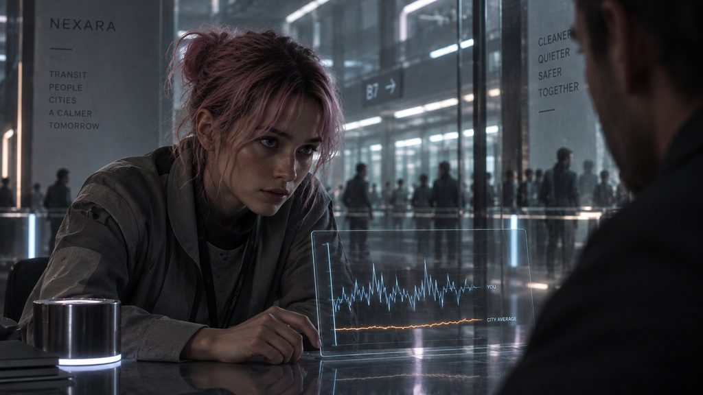 Kora Syn studies contrasting emotional patterns inside Nexara’s transit system as the citizen’s irregular signature diverges from the collective