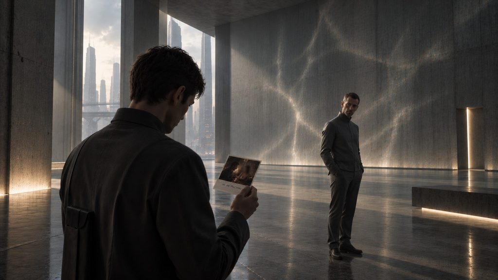 Aster Voss watches across a stark Nexara chamber as the citizen studies an impossible photograph depicting a memory he denies