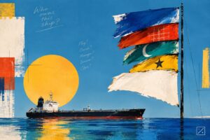 Editorial illustration of an oil tanker beneath layered, changing flags, symbolizing uncertain ownership, registration and maritime identity