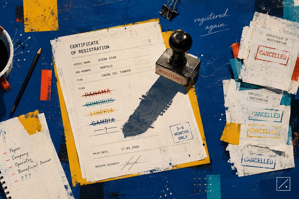 Editorial collage of a tanker registration certificate with repeatedly changed flags, cancelled documents and a ship-shaped stamp shadow