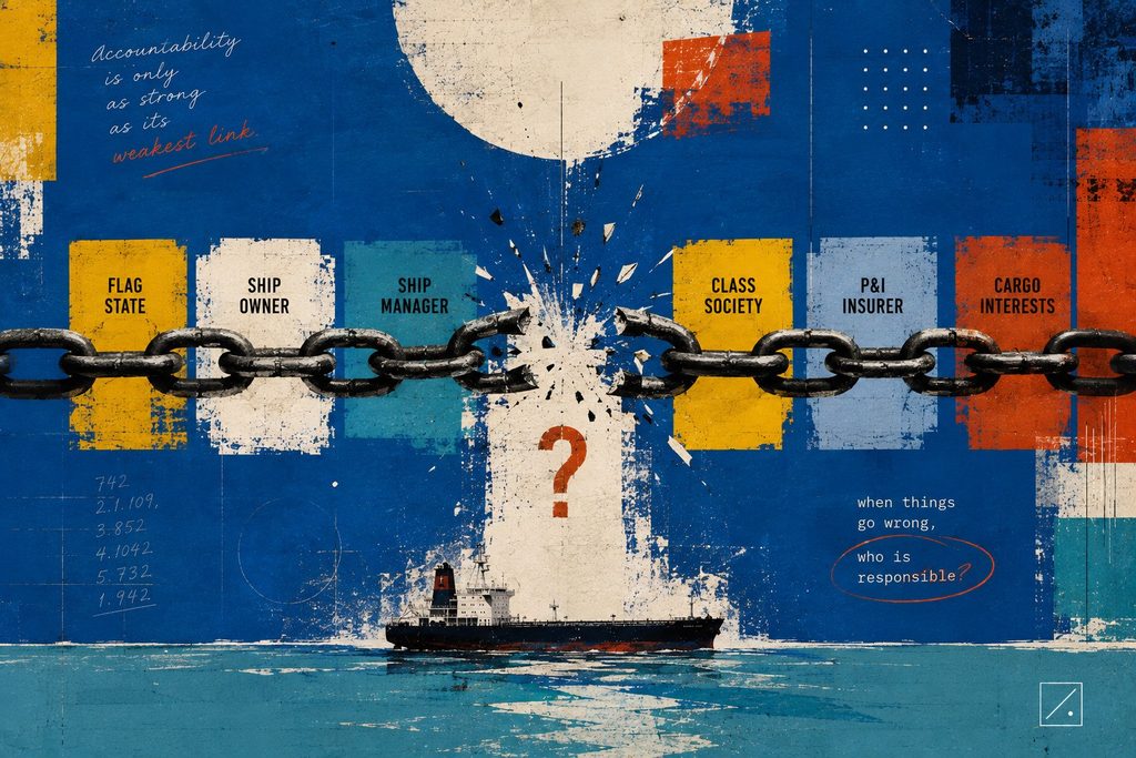 Editorial illustration of a broken maritime accountability chain linking flag state, shipowner, manager, classification society and P&I insurer