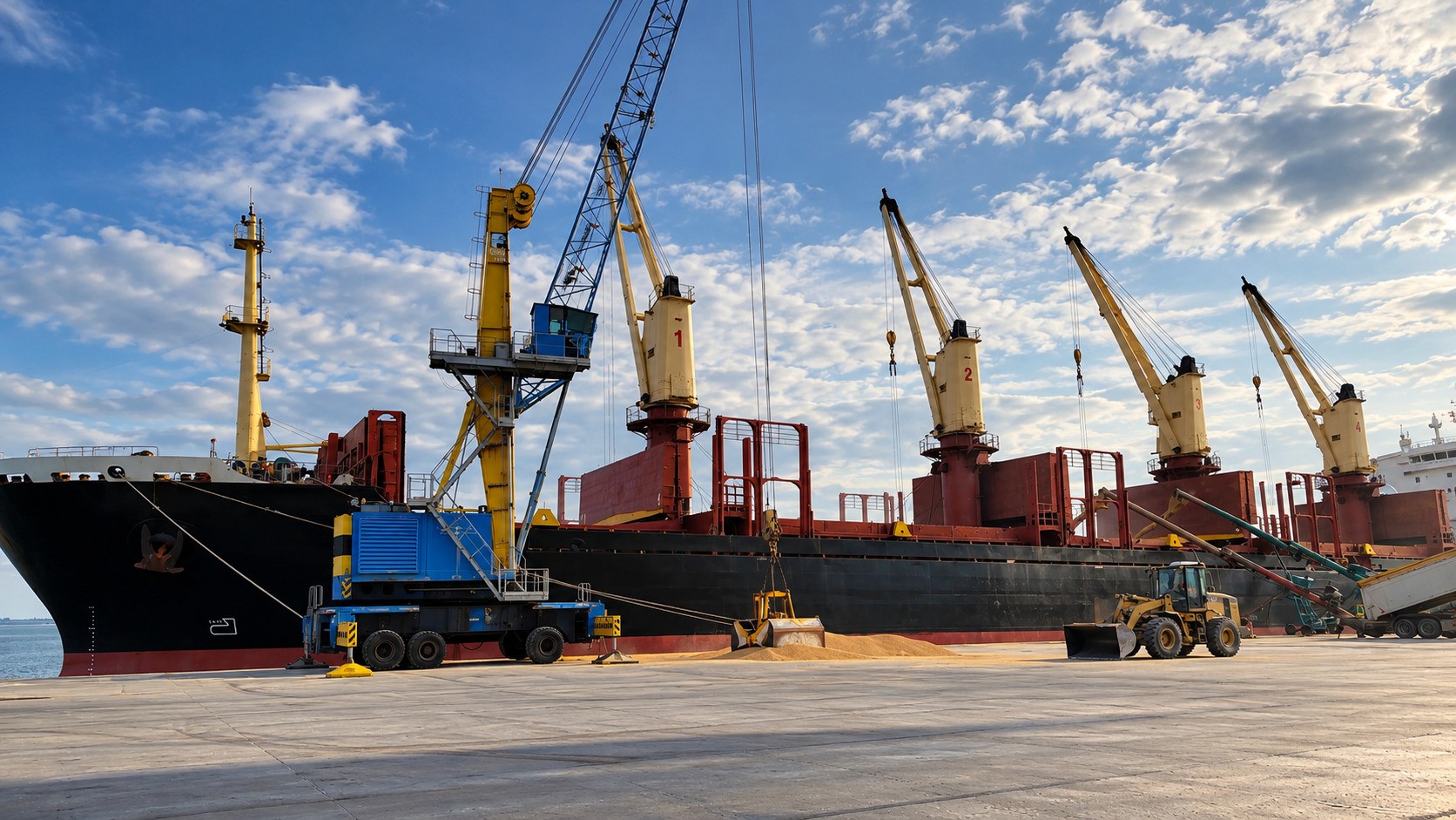 Bulk carrier alongside Kavala’s Philippos II commercial terminal, with mobile harbour cranes and cargo-handling equipment on the quayside