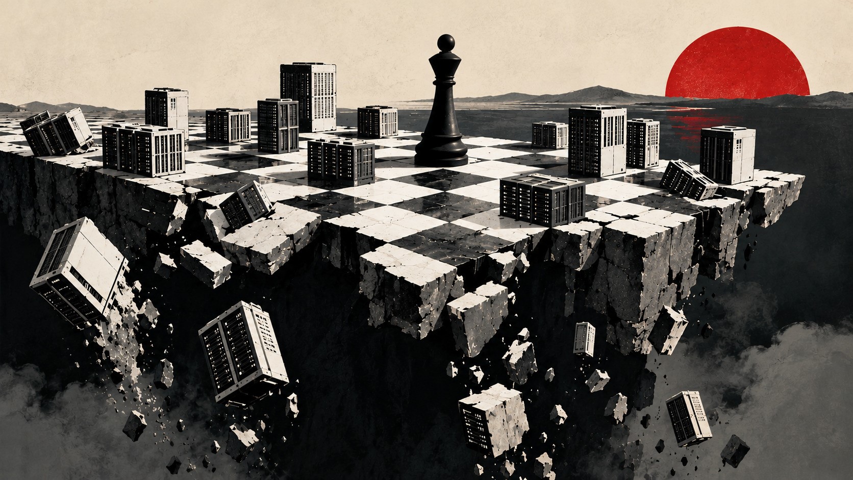 Conceptual illustration of a fractured chessboard collapsing into a dark abyss, with data centers falling from its edges. A solitary black chess piece remains standing beneath a vast red sun against a muted beige sky, symbolizing financial instability and the geopolitical struggle for control of artificial intelligence infrastructure