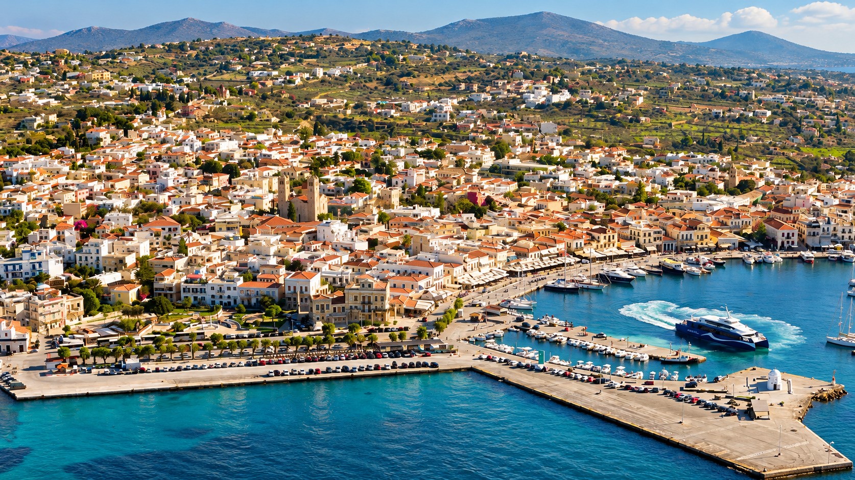 Aerial view of Aegina’s harbour, showing neoclassical waterfront buildings, red-tiled rooftops, fishing boats, a high-speed ferry and the Saronic Gulf