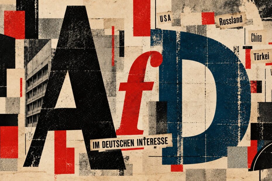 Dada-inspired editorial collage featuring oversized AfD lettering alongside USA, Russland, China, Türkei, Ukraine, Realpolitik, and “Im deutschen Interesse”