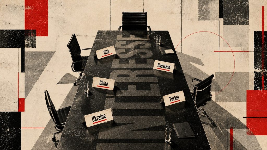 Empty geopolitical conference table with USA, Russland, China, Türkei, and Ukraine placards over the word “INTERESSE”