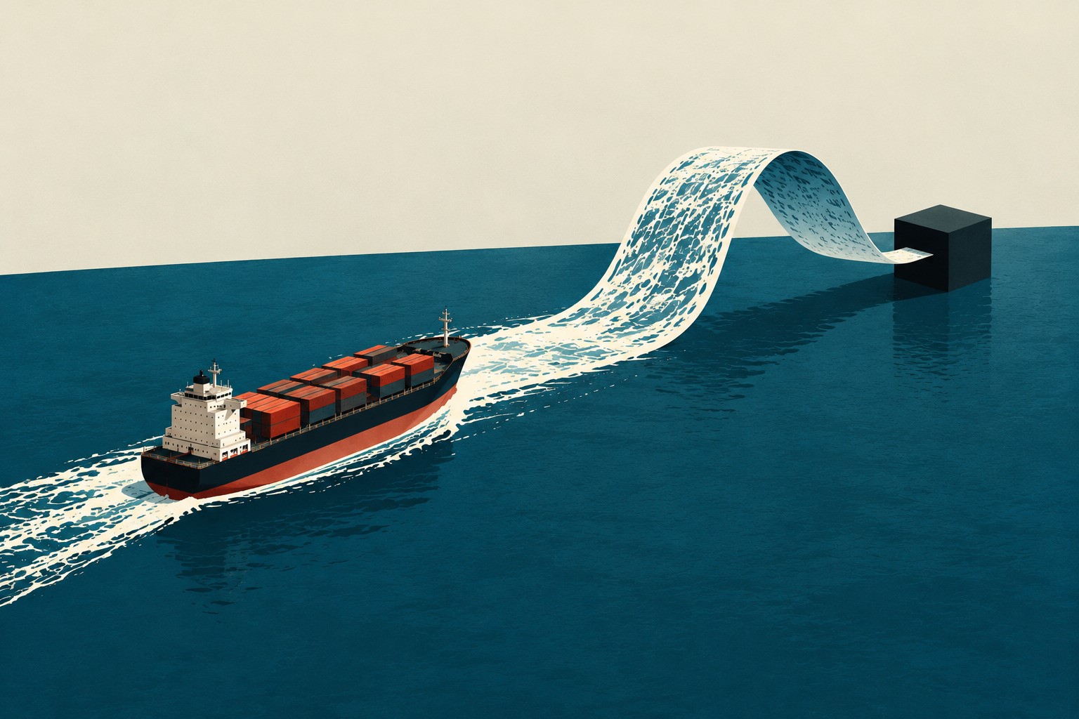 Conceptual illustration of a container ship crossing the ocean, its wake transforming into a flowing ribbon entering a black cube, symbolising AI’s growing control over maritime knowledge