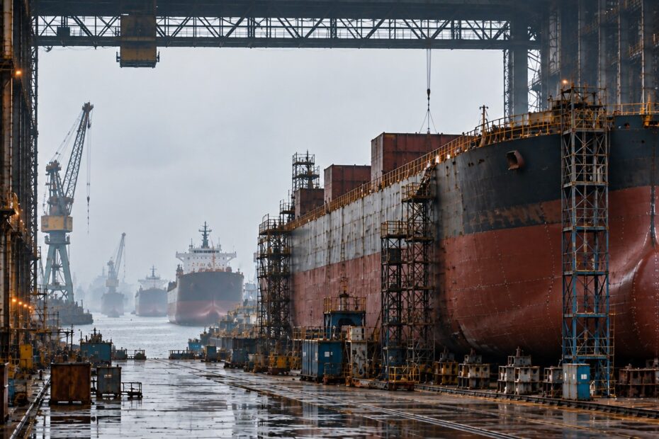 Bulk carriers under construction at a misty shipyard, with additional vessels lined up in the distance behind the foreground hull