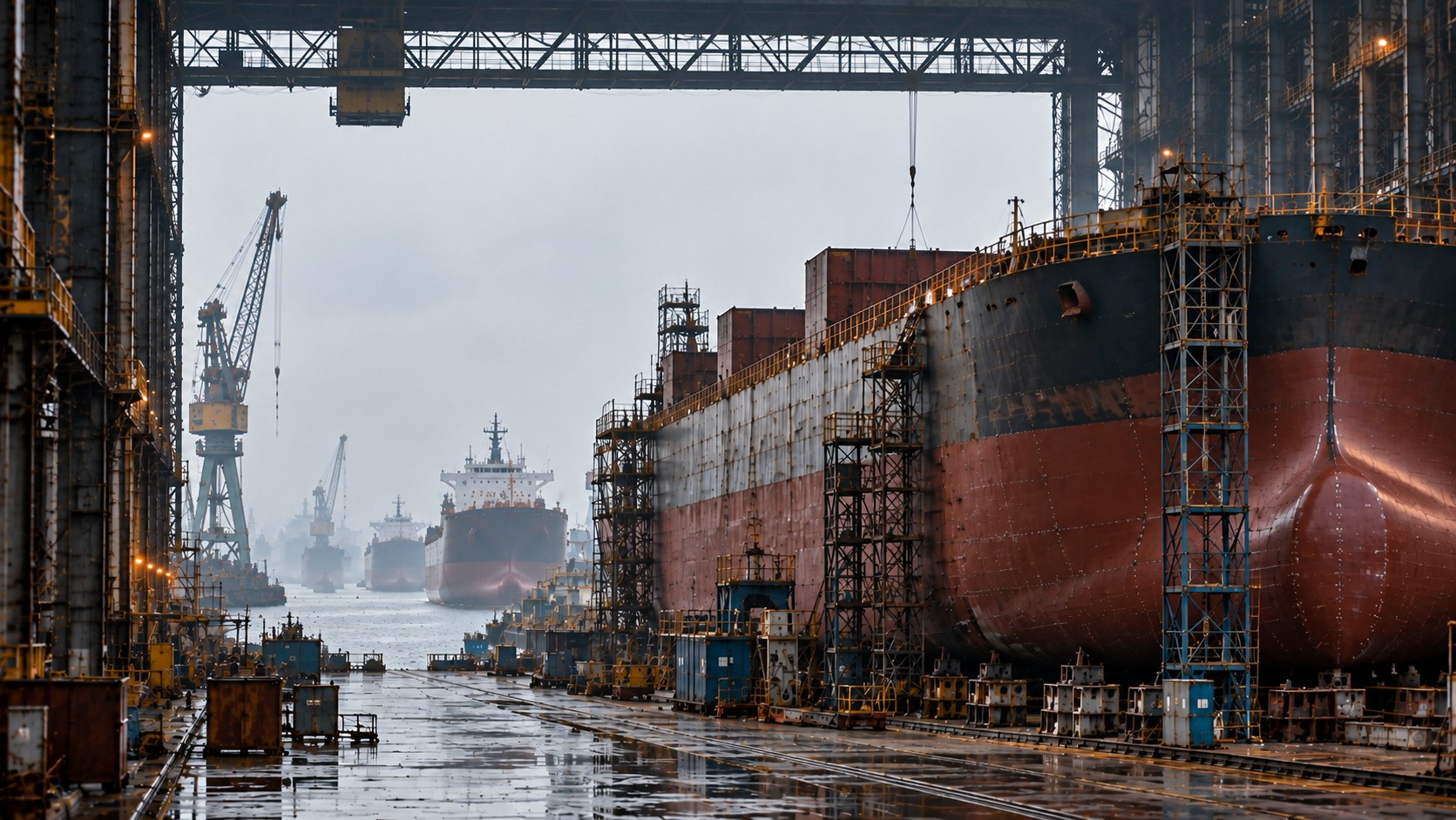 Bulk carriers under construction at a misty shipyard, with additional vessels lined up in the distance behind the foreground hull
