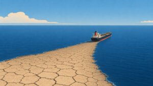 A tanker sails across a calm blue sea, leaving behind a widening trail of cracked, barren earth instead of water, symbolising the depletion of oil reserves and the erosion of future energy security