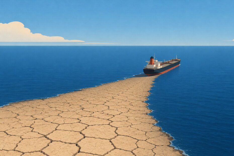 A tanker sails across a calm blue sea, leaving behind a widening trail of cracked, barren earth instead of water, symbolising the depletion of oil reserves and the erosion of future energy security