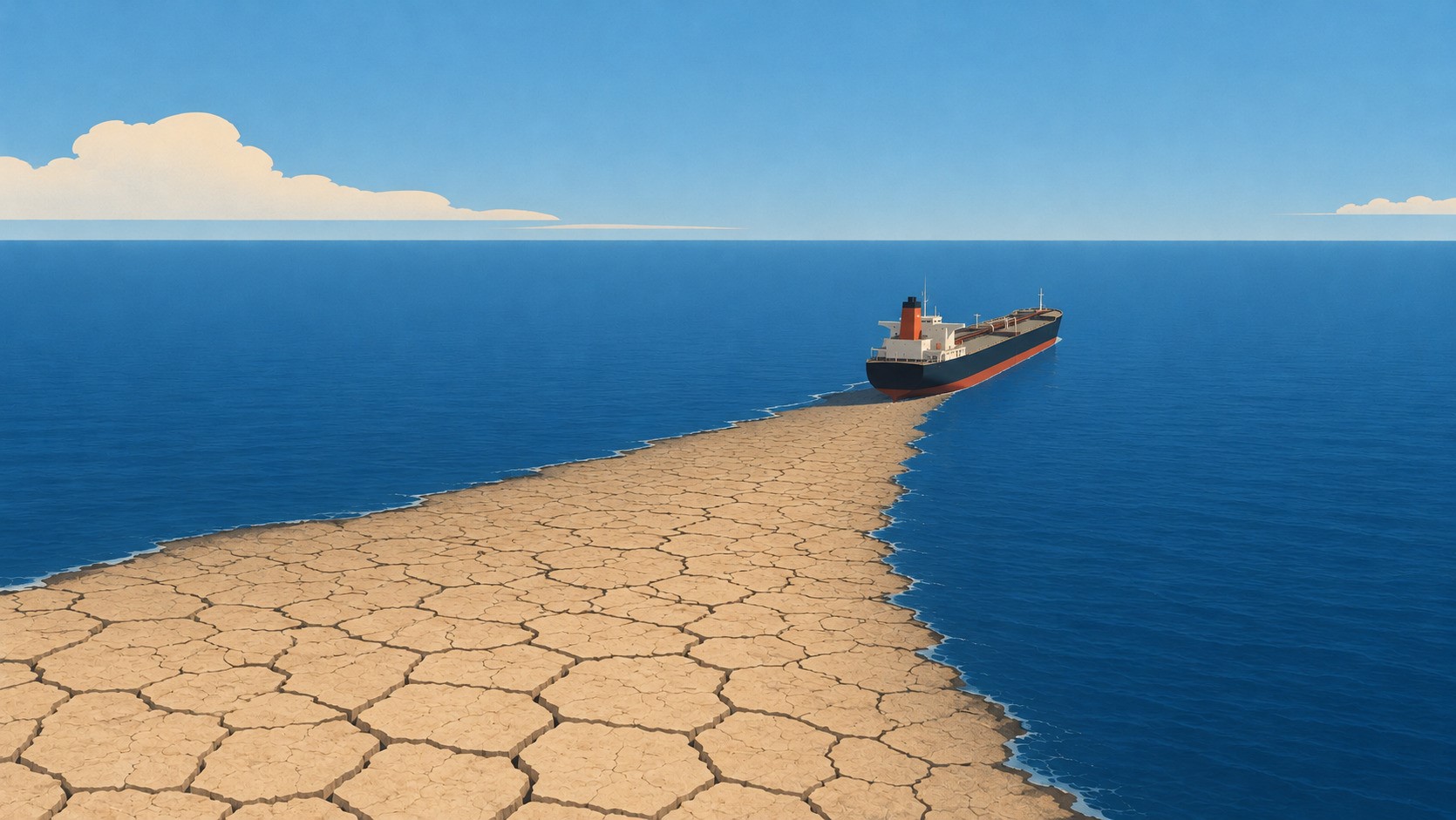 A tanker sails across a calm blue sea, leaving behind a widening trail of cracked, barren earth instead of water, symbolising the depletion of oil reserves and the erosion of future energy security