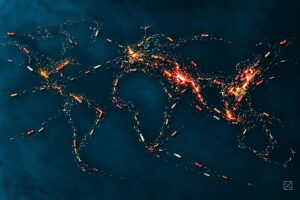 Abstract GeoTrends illustration of a world map formed entirely by tankers, with intense shipping concentrations linking the Middle East to China, the Atlantic to Europe, and the Black Sea to the Mediterranean