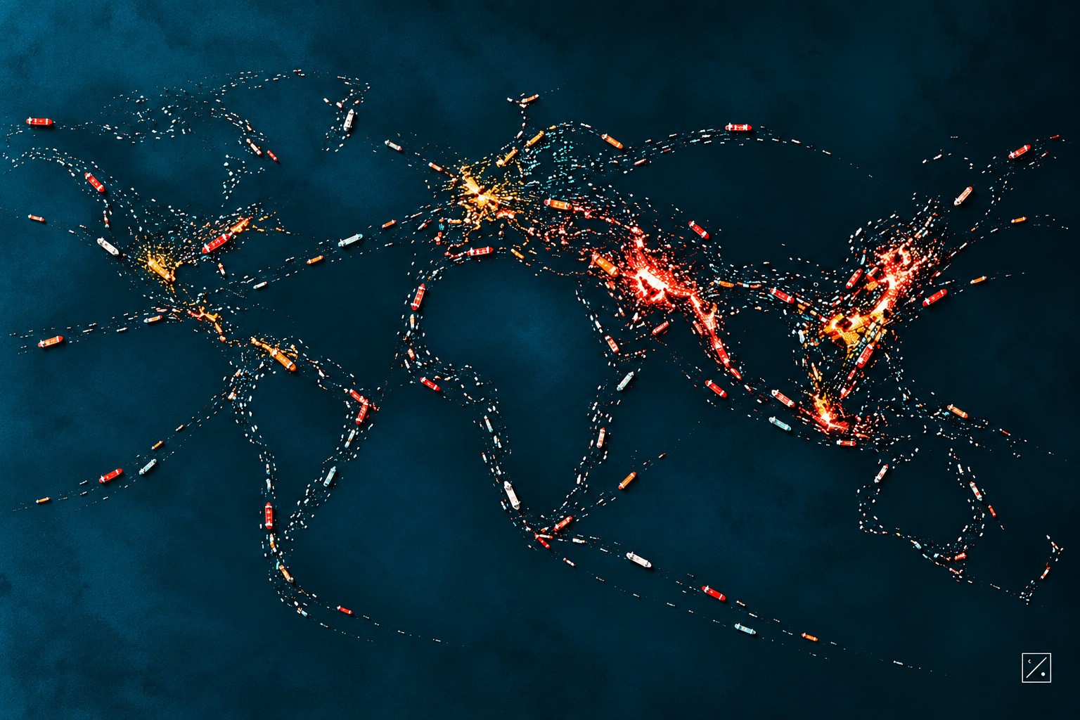 Abstract GeoTrends illustration of a world map formed entirely by tankers, with intense shipping concentrations linking the Middle East to China, the Atlantic to Europe, and the Black Sea to the Mediterranean