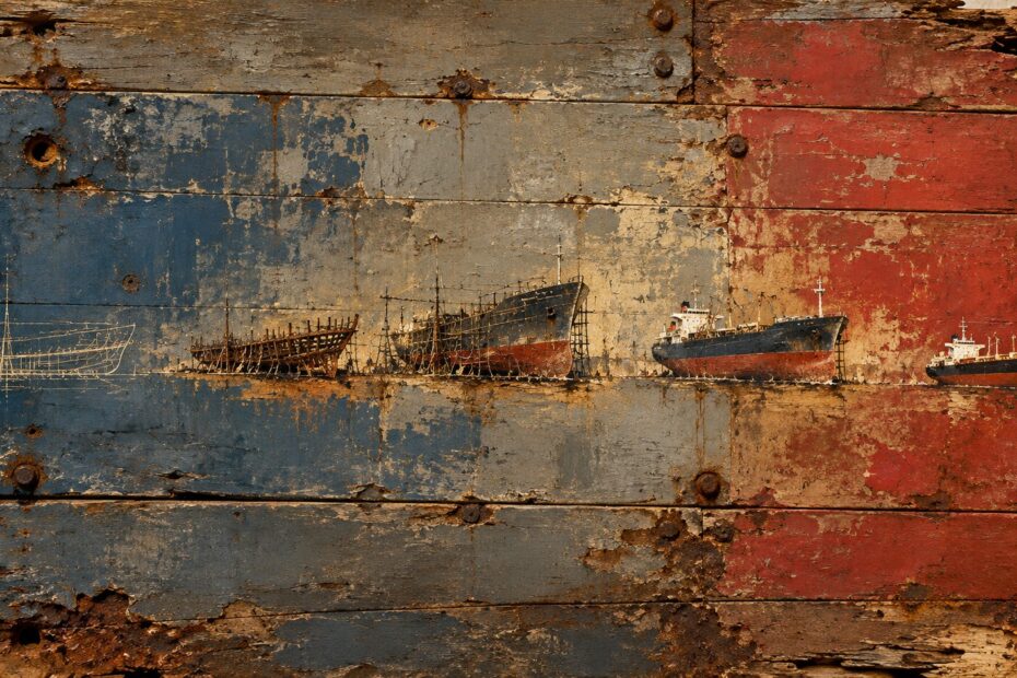 Artistic illustration of shipbuilding evolution, from vessel blueprints to completed cargo ships, on weathered blue and red metal panels symbolizing Greece–China maritime cooperation