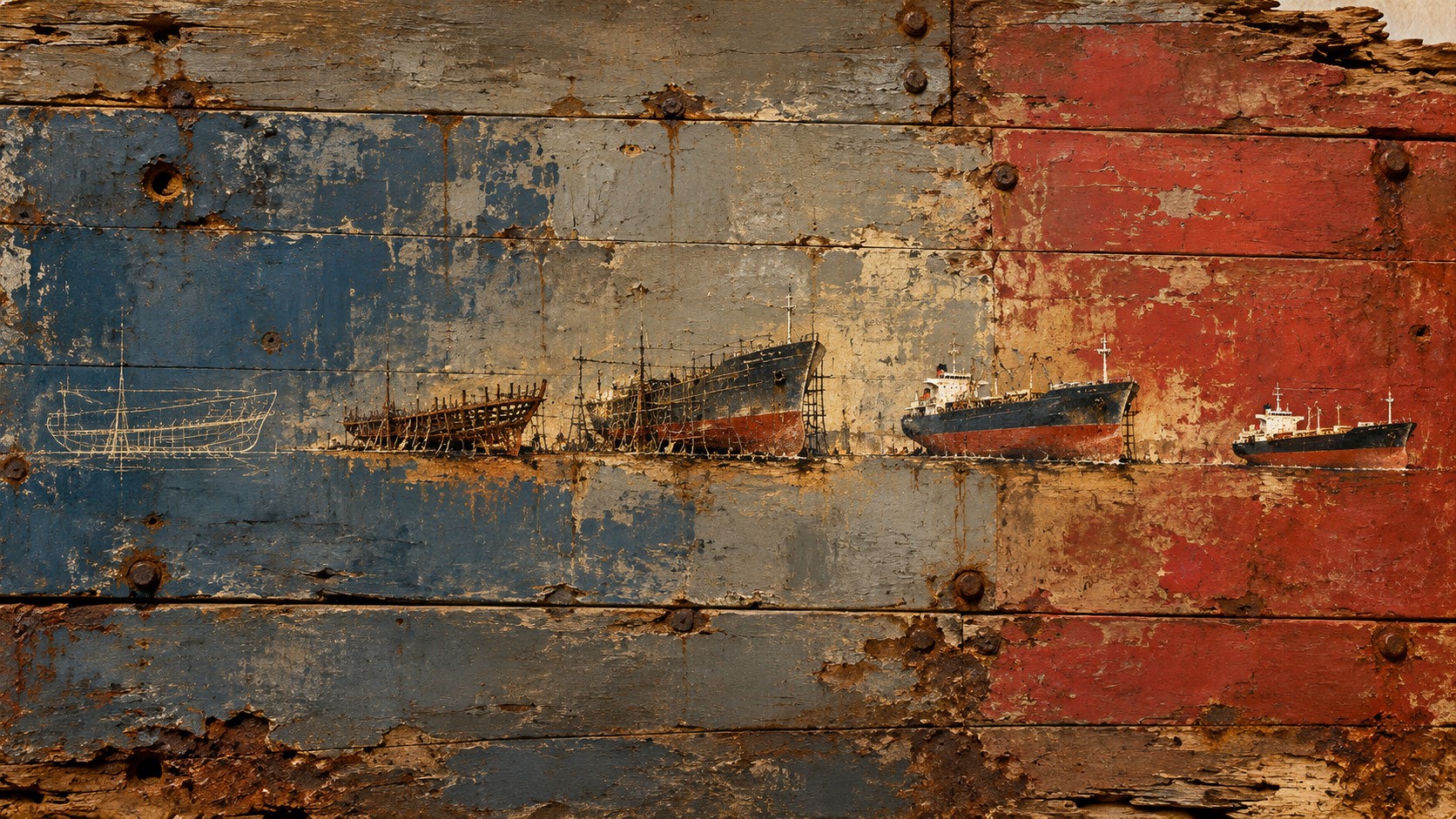 Artistic illustration of shipbuilding evolution, from vessel blueprints to completed cargo ships, on weathered blue and red metal panels symbolizing Greece–China maritime cooperation
