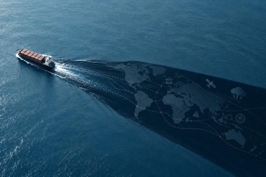A container ship crosses a blue ocean, leaving a dark shadow containing global shipping routes and symbols of maritime risks