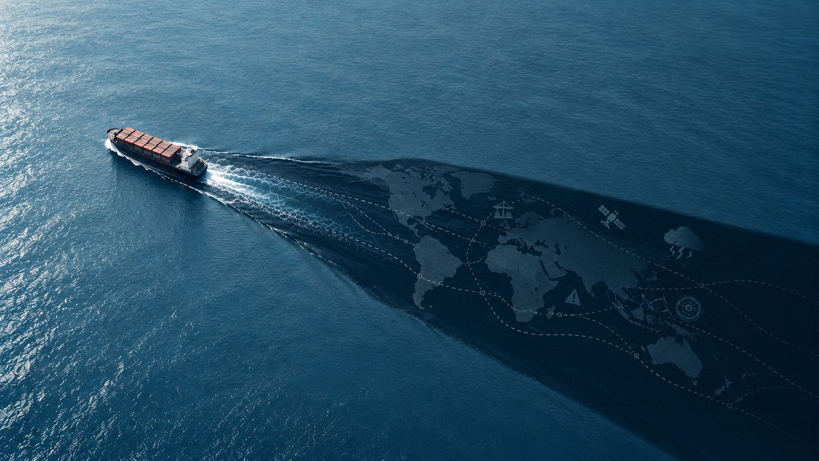 A container ship crosses a blue ocean, leaving a dark shadow containing global shipping routes and symbols of maritime risks