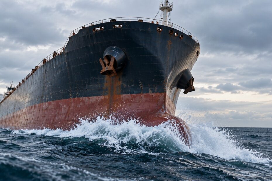 Low-angle view of a large Capesize bulk carrier cutting through choppy seas under an overcast sky