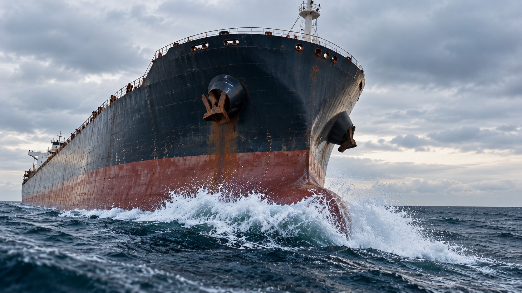 Low-angle view of a large Capesize bulk carrier cutting through choppy seas under an overcast sky