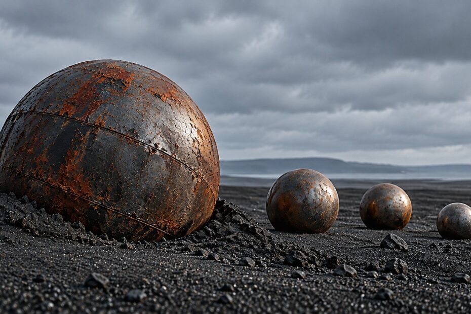 A massive, rusted steel sphere sinks into black gravel while three smaller spheres remain upright beneath an overcast grey sky, symbolising diverging dry bulk freight markets