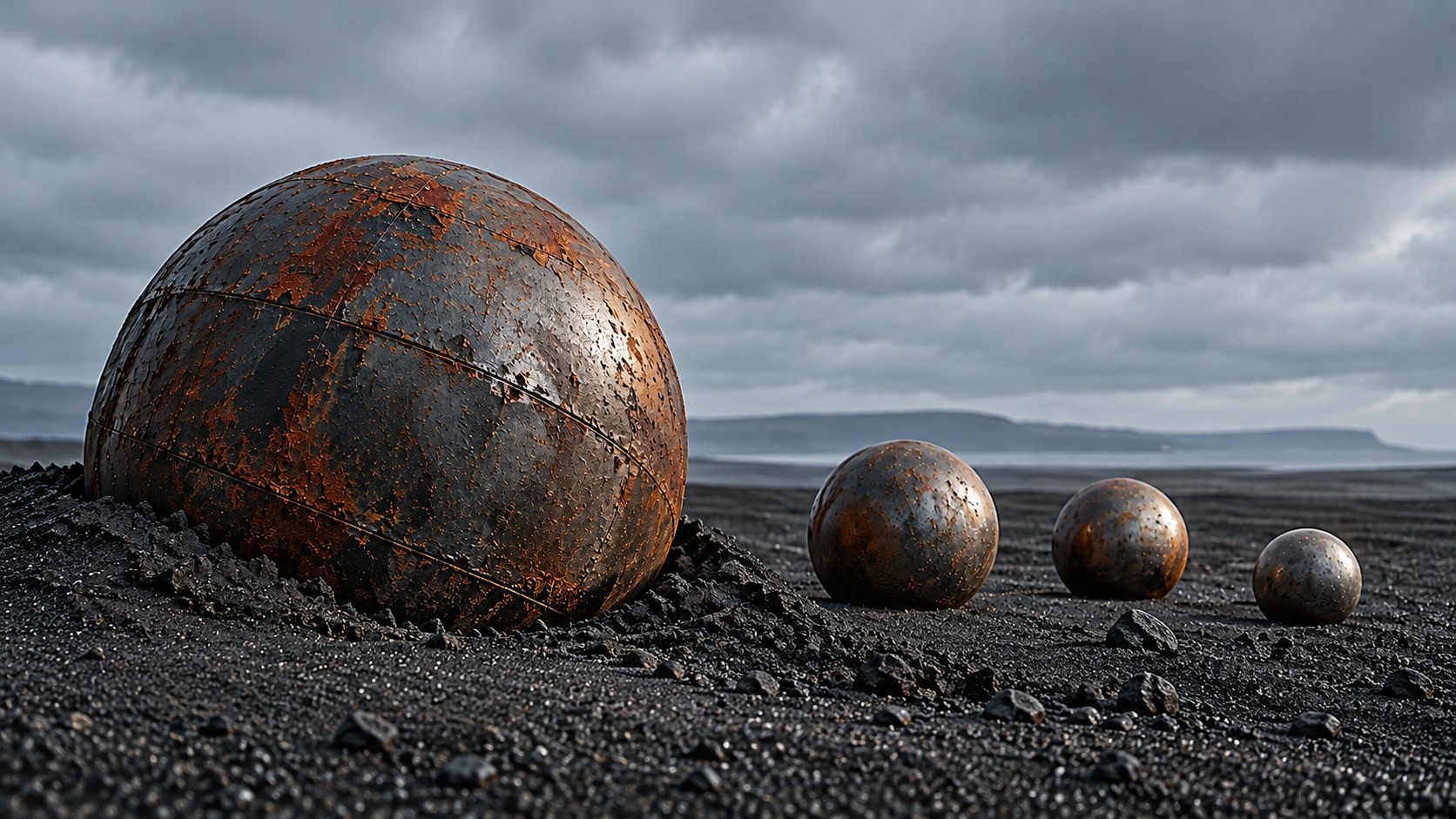 A massive, rusted steel sphere sinks into black gravel while three smaller spheres remain upright beneath an overcast grey sky, symbolising diverging dry bulk freight markets