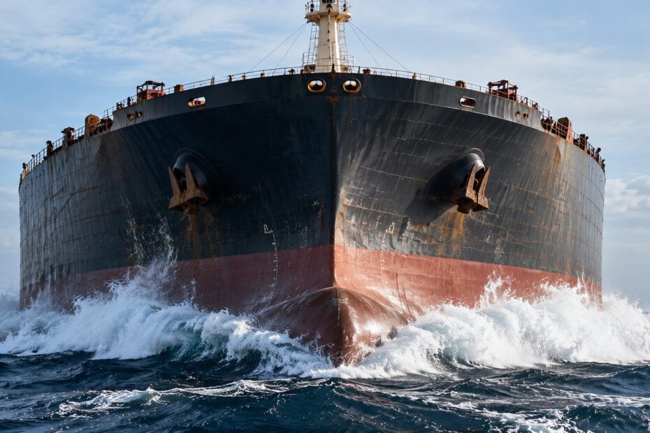 Head-on view of a massive Capesize bulk carrier cutting through choppy seas, with white spray surging around its weathered steel bow