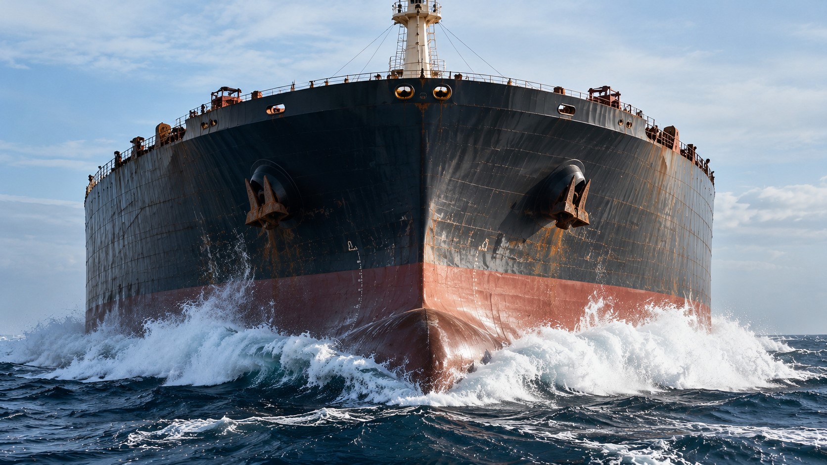 Head-on view of a massive Capesize bulk carrier cutting through choppy seas, with white spray surging around its weathered steel bow