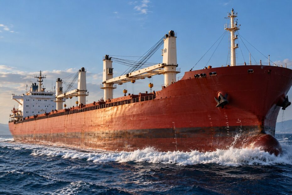 Red-hulled dry bulk carrier sailing through choppy blue waters, with white spray breaking against its bow under a partly cloudy sky