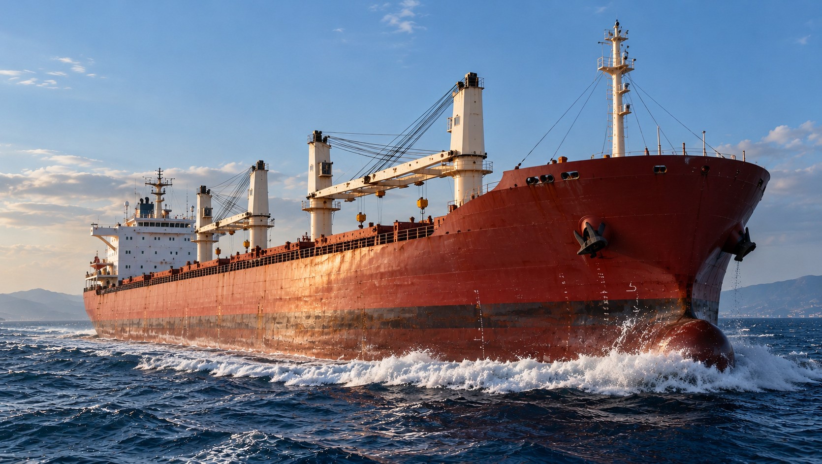 Red-hulled dry bulk carrier sailing through choppy blue waters, with white spray breaking against its bow under a partly cloudy sky