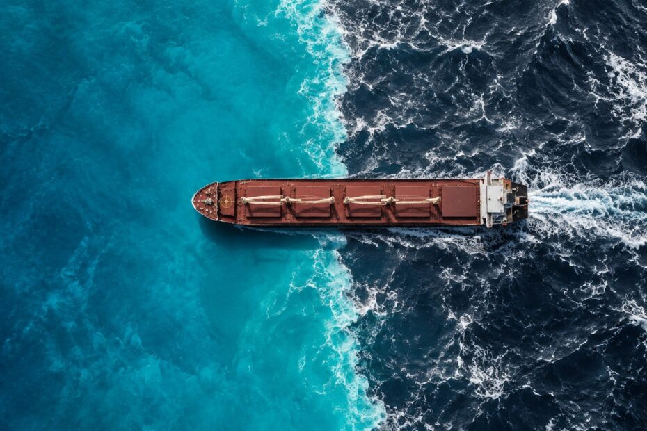 Aerial view of a bulk carrier crossing a sharp boundary between calm turquoise waters and dark, turbulent seas, symbolising widening regional disparities in dry bulk freight markets