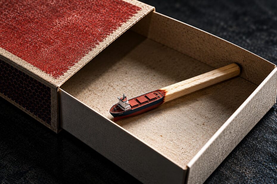 A nearly empty matchbox holds one remaining match, its head transformed into a miniature dry bulk carrier