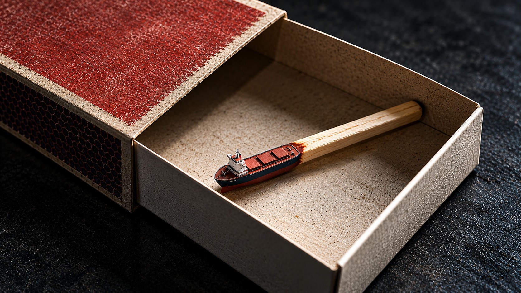 A nearly empty matchbox holds one remaining match, its head transformed into a miniature dry bulk carrier