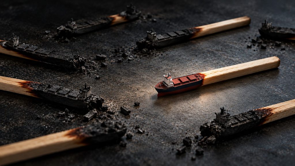 Conceptual image of matchsticks shaped as bulk carriers, with one intact vessel standing out among several charred ships