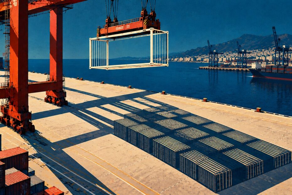 Conceptual illustration of Piraeus container terminal, where a towering orange gantry crane lifts an empty container frame casting an oversized shadow resembling stacked containers across the quay