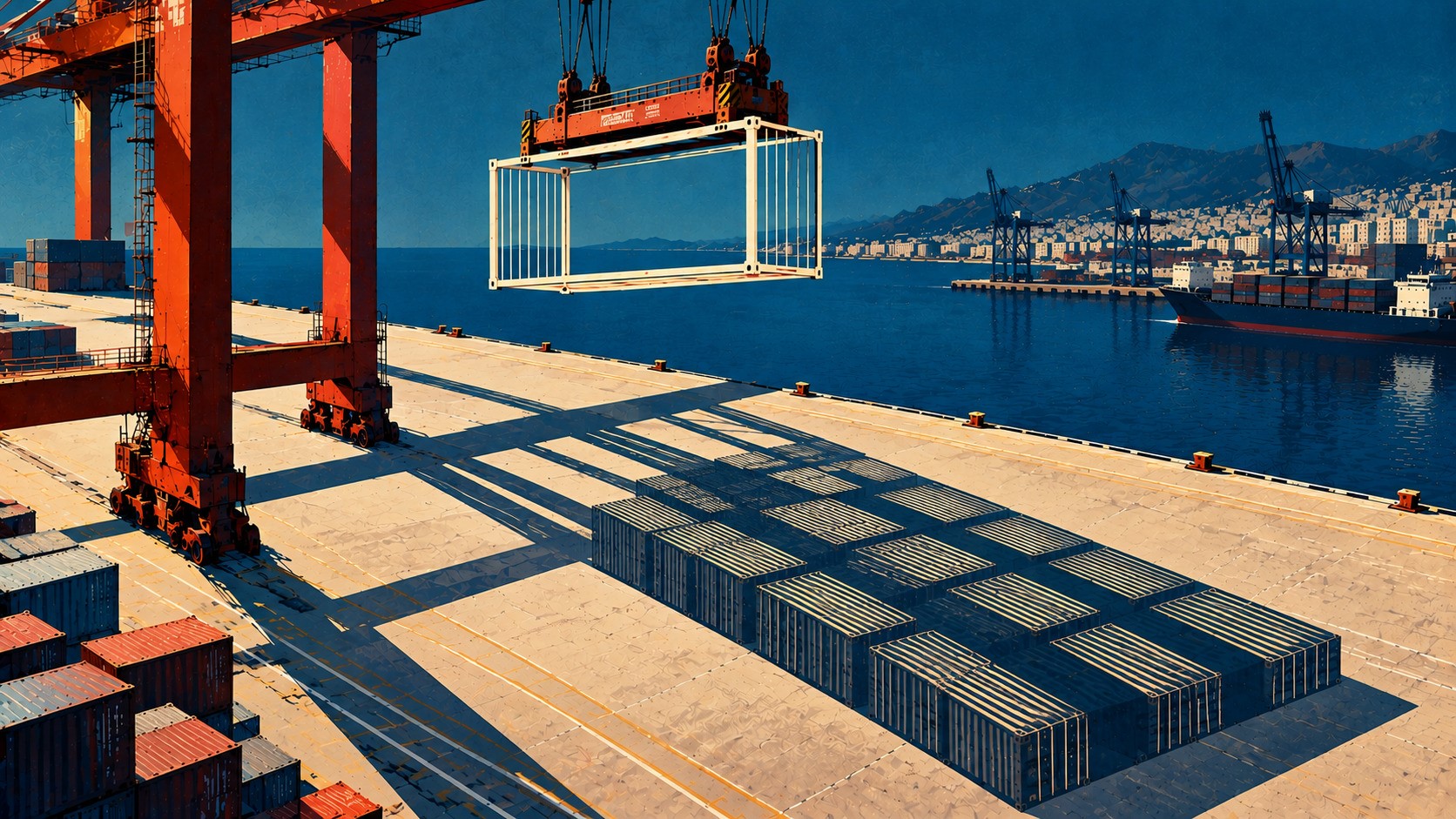 Conceptual illustration of Piraeus container terminal, where a towering orange gantry crane lifts an empty container frame casting an oversized shadow resembling stacked containers across the quay