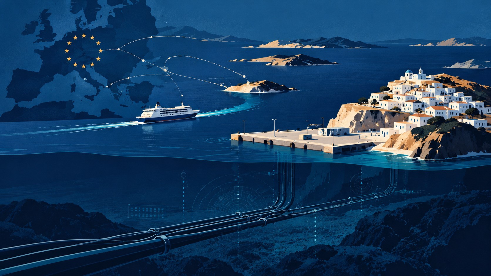 Editorial illustration of a Greek island port, passenger ferry and European maritime routes, with underwater cables and digital surveillance systems symbolising critical infrastructure resilience