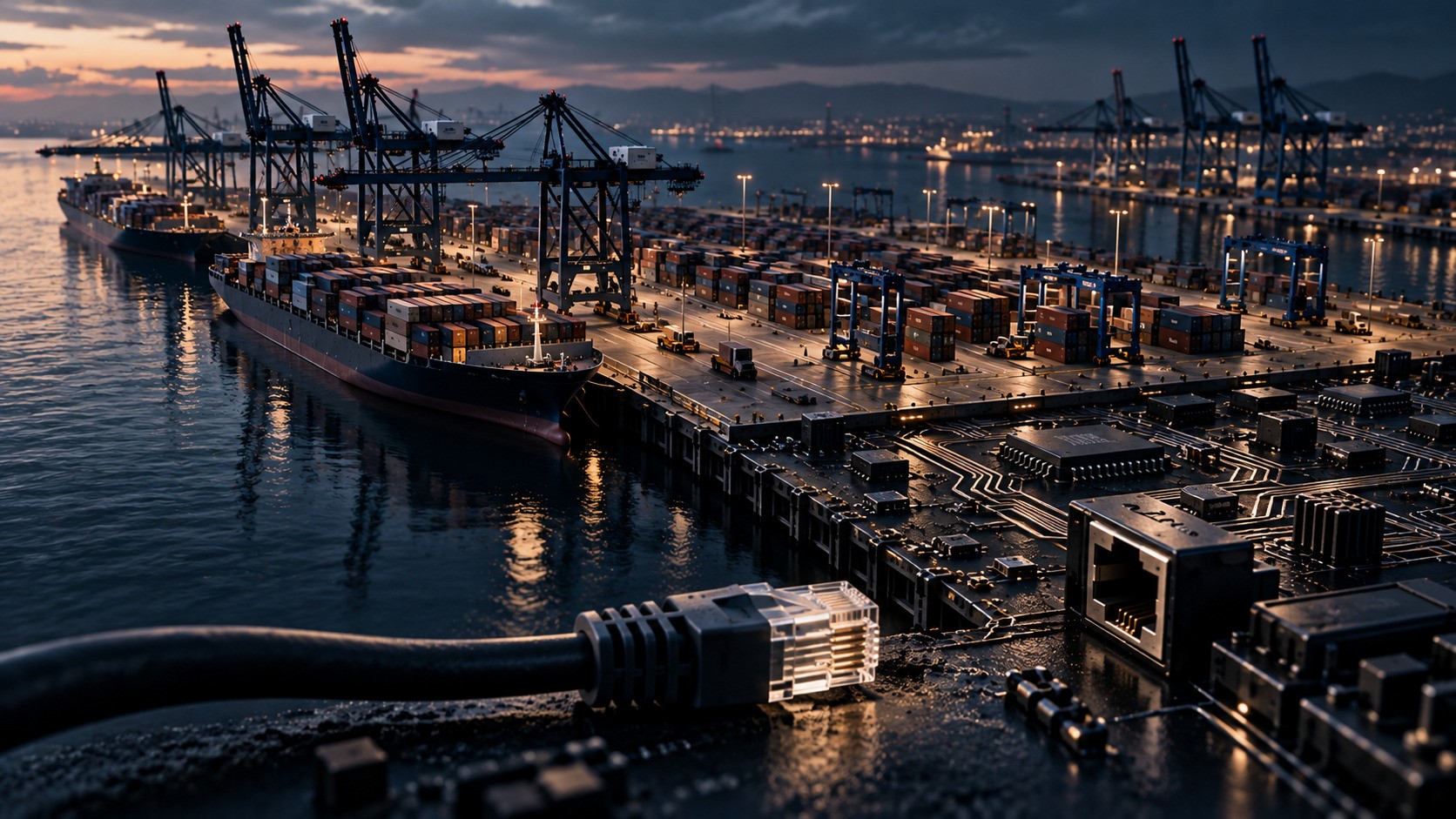 Conceptual illustration of a container port integrated into a circuit board, with a disconnected Ethernet cable symbolizing cybersecurity vulnerabilities and potential operational disruption