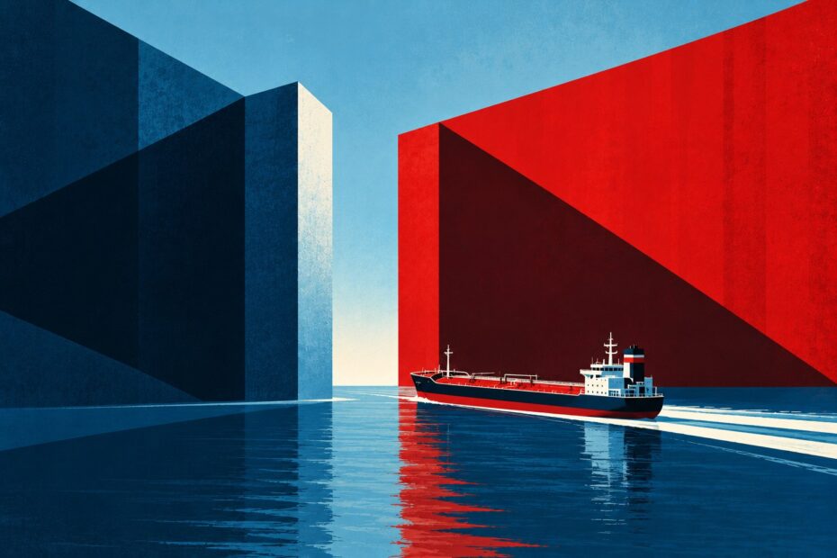 Art Deco-inspired illustration of a product tanker navigating between monumental red and navy geometric structures, symbolising geopolitical barriers, renewed Russian diesel trade and emerging Atlantic shipping opportunities