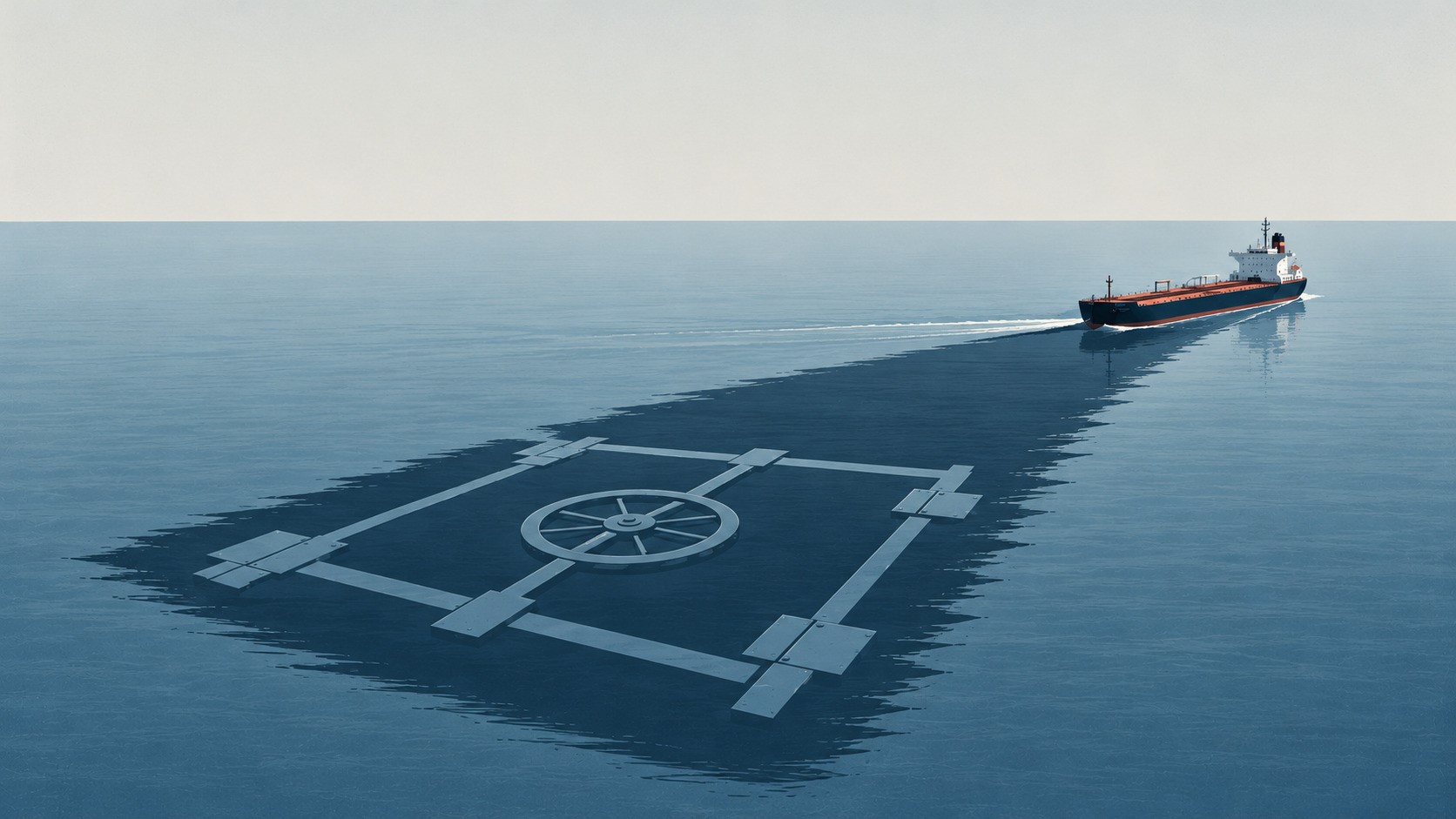 Minimalist editorial illustration of an oil tanker crossing a blue-grey sea, casting an enormous shadow resembling a bank vault door