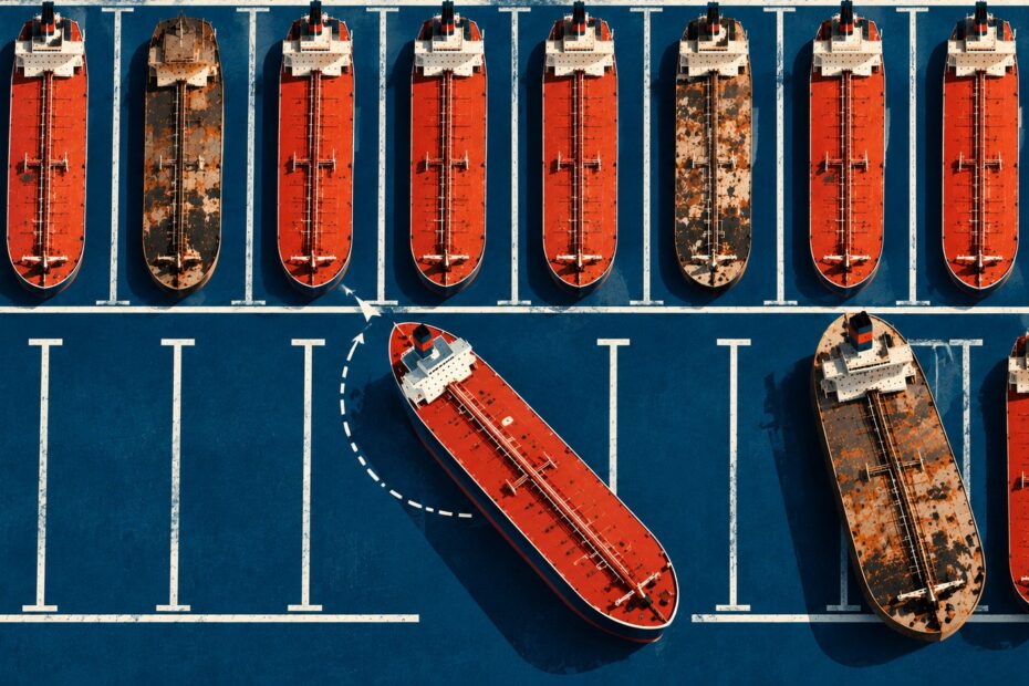 Editorial illustration of tankers arranged in parking spaces against a deep blue background. A new red tanker manoeuvres diagonally between rows of older, rust-streaked vessels, symbolising mounting supply pressure