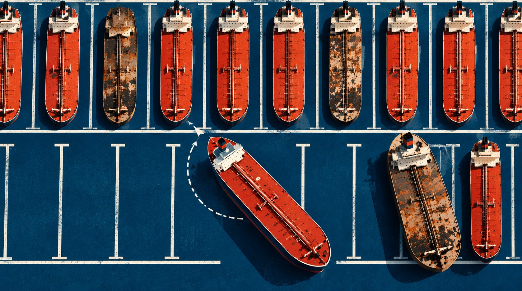 Editorial illustration of tankers arranged in parking spaces against a deep blue background. A new red tanker manoeuvres diagonally between rows of older, rust-streaked vessels, symbolising mounting supply pressure